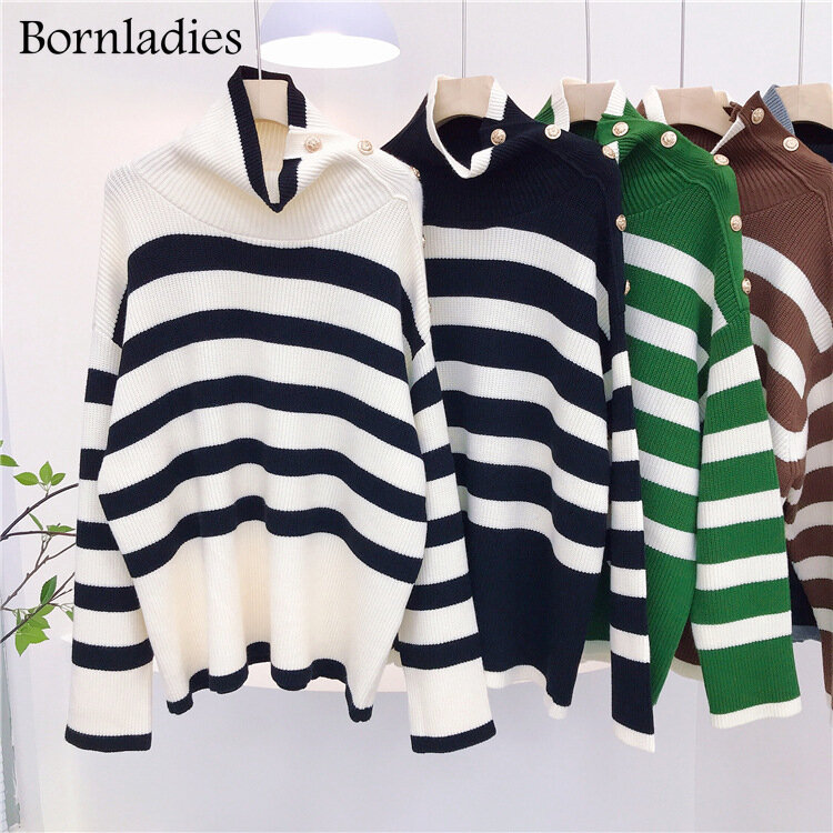 Bornlady-suéter grueso de punto suelto para mujer, chaqueta de cuello alto a rayas, estilo francés, Otoño e Invierno