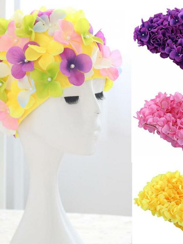 女性用の長い3Dペダルキャップ,屋外用の水泳帽,プリントされた花,絶妙なファッション,11色