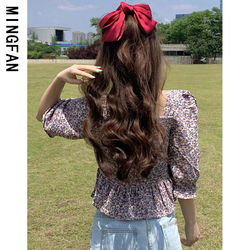 Camisa de chiffon de meia manga floral, camisa feminina vintage para verão com gola quadrada curta e emagrecimento, estilo famoso