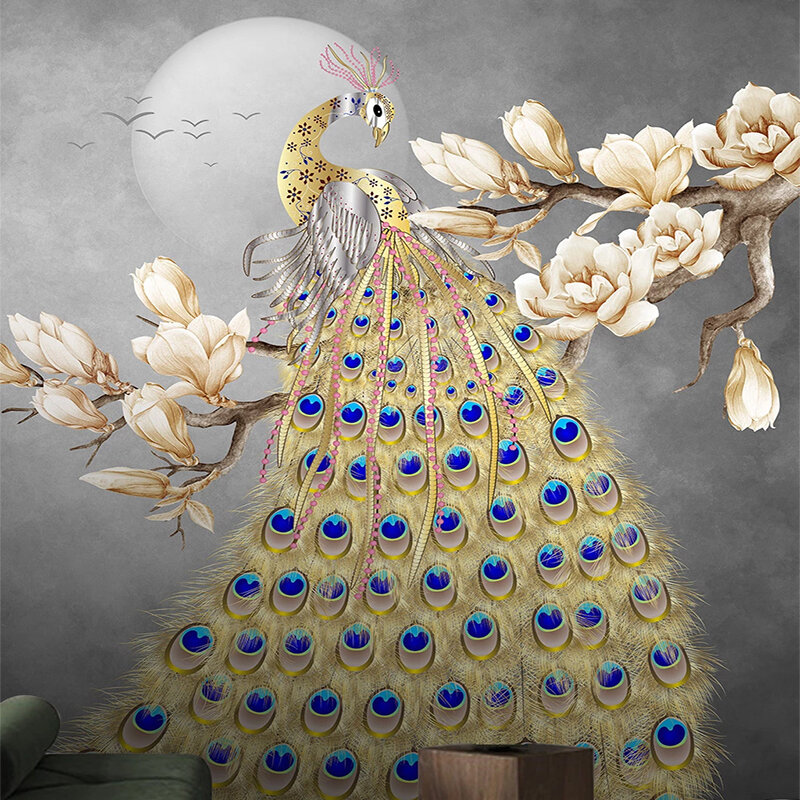 วอลล์เปเปอร์ยุโรปสไตล์ทาสี Magnolia ดอกไม้ 3D Golden Peacock ภาพจิตรกรรมฝาผนังห้องนั่งเล่นห้องรับประทานอา...