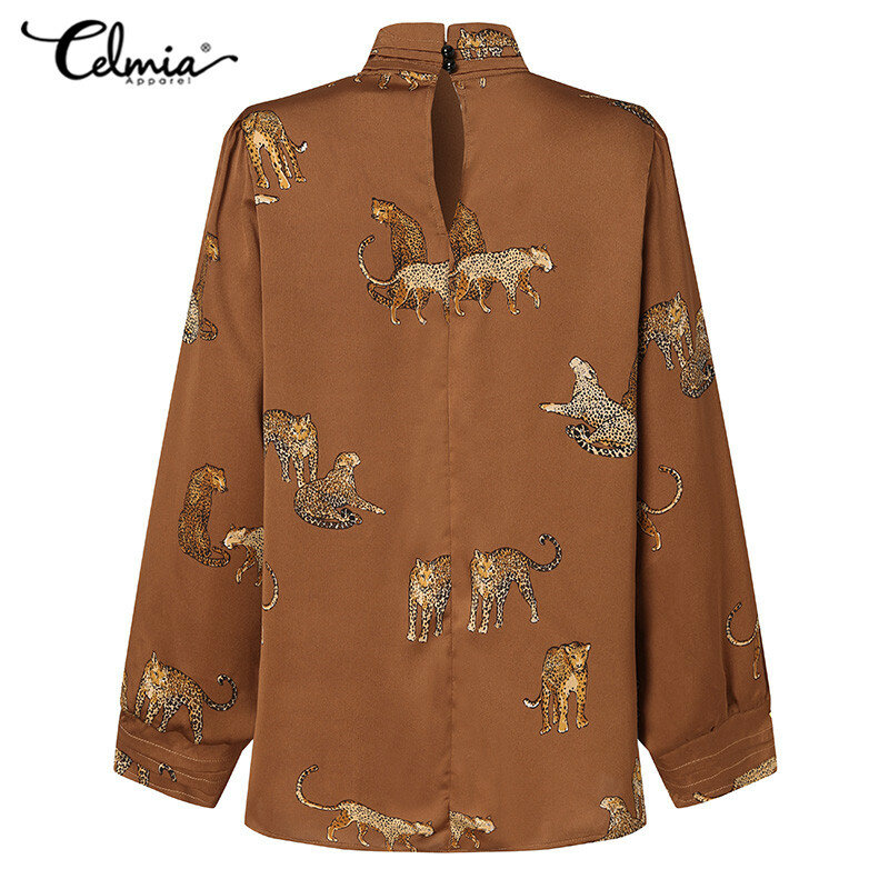 Celmia Stand Collar Vintage Blouses 2022 Fashion Tiger Printed Satin Elegant Blusas Women Long Sleeve Autumn Plus Size Shirts
