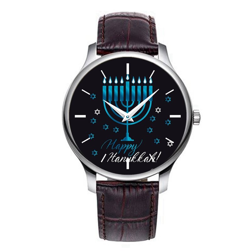 Nieuwe Heren Horloge Gelukkig Joodse Vakantie Chanoeka Blauw Menorah Lederen Quartz
