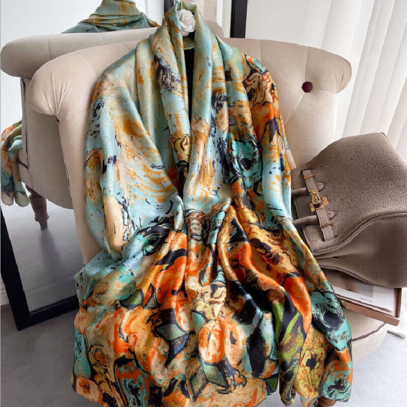 Bufanda larga de seda para mujer, chal pintado digital, pintura al óleo de van Gogh, primavera y verano, 2021