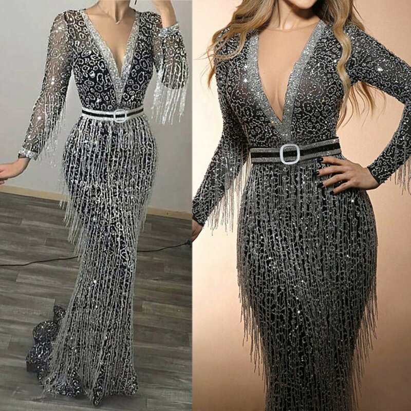 Vintage Tassel Party Dresses Women's Sexy Sequined Solid Color Long Sleeve Long Dress With Belt Sexy Deep V-neck Sling Dress