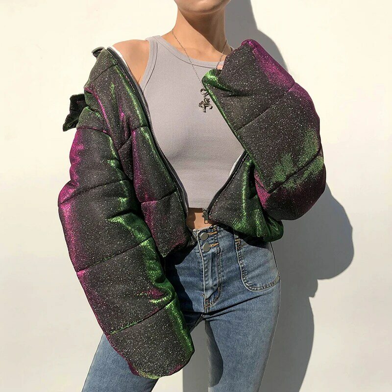 HEYounGIRL 반짝이 반사 퍼퍼 자켓 파카 여성 가을 겨울 따뜻한 후드 버블 코트 여성 캐주얼 오버 코트 Streetwear