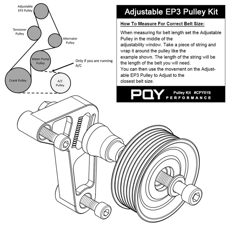 PQY-Kit de polea EP3 ajustable para Honda 8th 9th Civic, todos los motores K20 y K24 con tensor automático que mantiene A/C CPY01 instalado/02