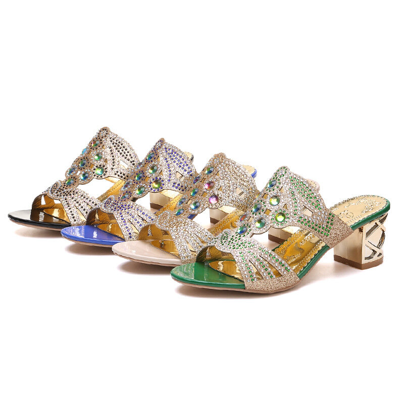 2020 Glitter Mesh Frauen Sandalen Sommer Mode Peep Toe Casual Hausschuhe Starke Ferse Frauen Schuhe Slip Auf Große Größe 35-41