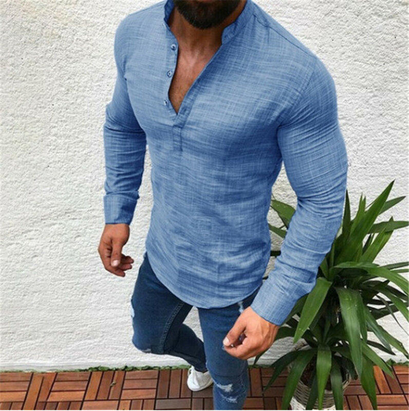 Chemise en lin à manches longues pour homme, vêtement de base décontracté, haut, Slim, solide, Business, 2021