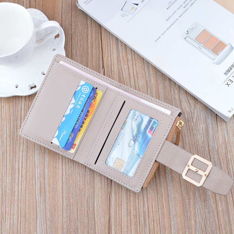 Short Letter Hasp Women Wallets Solid Color Pu Leather Metal Buckle Coin Purses Female Money Clip Card Holder Clutch Bag