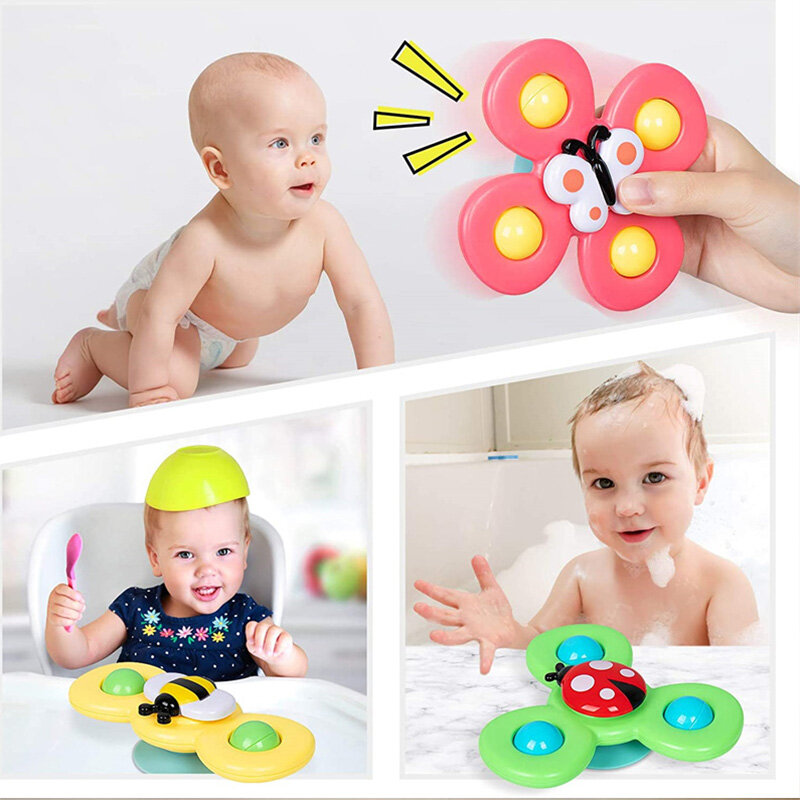 Novidade Fidget Ventosa Spinner Toy para bebê, Cartoon Insect Rotate Rattle, Educational Baby Games, Brinquedos de banho para crianças, 3pcs