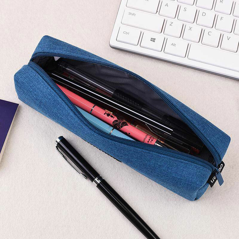 Canvas Blue Pencil Case Solid Color Stripes Simple Pencil Bags For Student New Stationery School Supplies Kids Gift