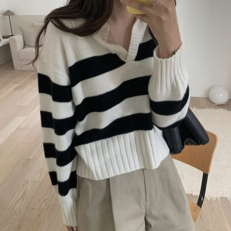 Korean Chic Sweater Pullover Autumn Simple  Polo Collar Pullover Loose Stripe Casual Long Sleeve Knitted Sweater Women