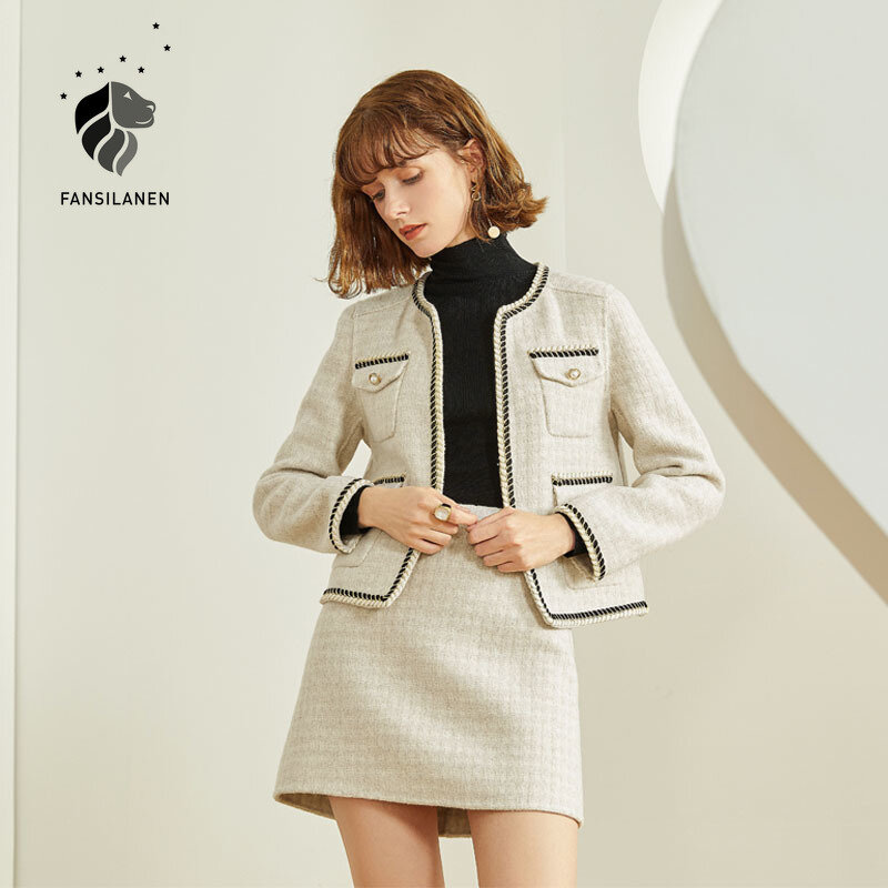 Fansilreceptor feminino de lã, conjunto de duas peças com bolso e saia xadrez elegante, vintage e de outono e inverno