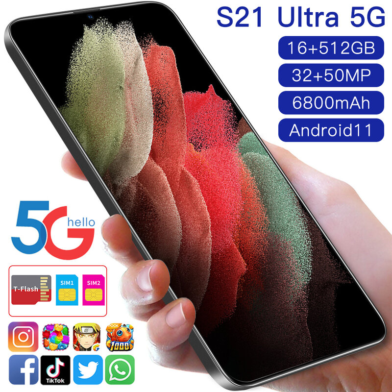 Смартфон горячая Распродажа S21 Ultra, 16 ГБ, 512 ГБ, SIM-карта, 6800 мАч, отпечаток лица, разблокировка, камера 32 МП, 50 МП, Android 11