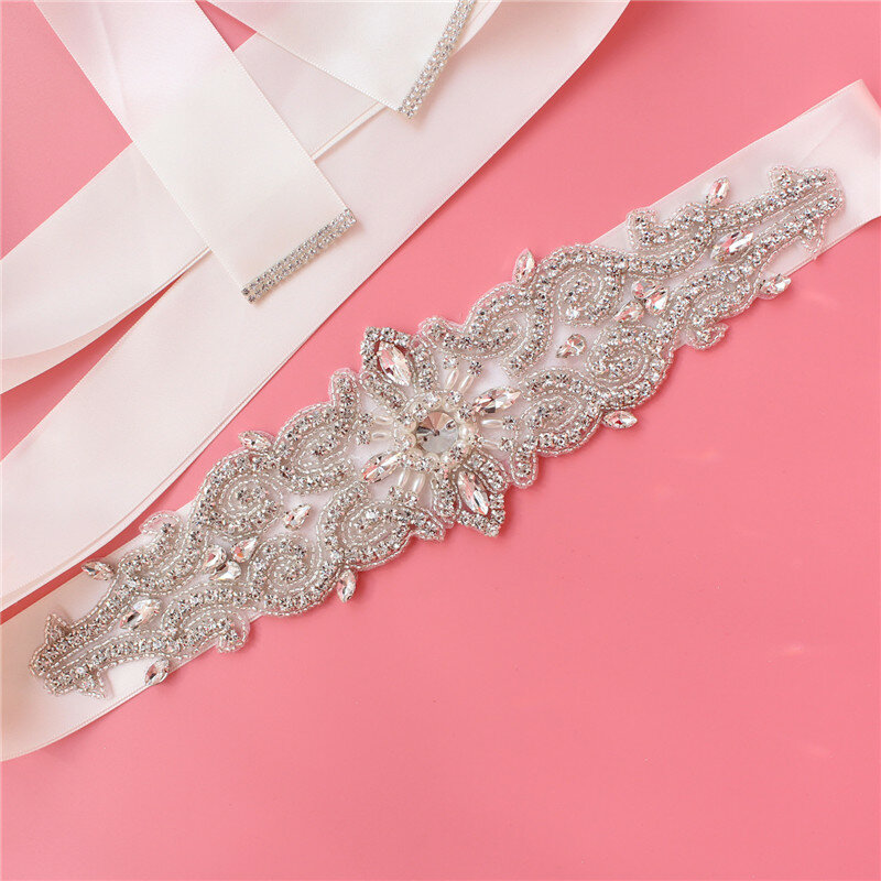 YJWSXF diamentowy pas ślubny srebrny kryształ pas ślubny Jeweled dżetów szarfa do sukni ślubnej na akcesoria dla nowożeńców