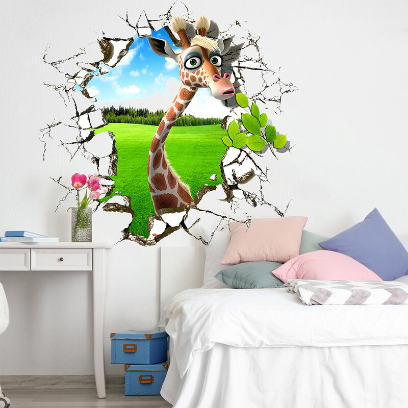 Novo adesivo de parede 3d de girafa quebrada divertido para decoração de quarto infantil e sala de estar