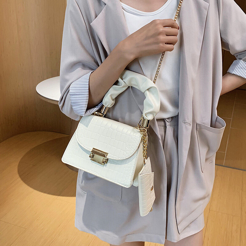 Bolsos de hombro con cadena con patrón de piedra pequeña a la moda para mujer, nuevo bolso de mano de diseñador blanco de tendencia 2020 con monedero femenino