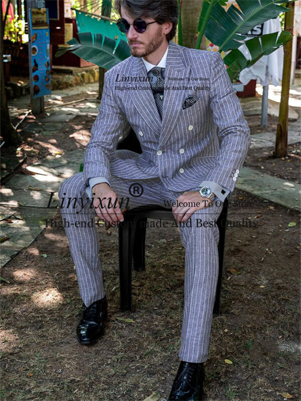 Grey Stripe Mens Slim Fit Suits Tailor Made Groom Wear Tuxedo 2 Pieces Jacket Pants Set Formal Best Man Blazer Masculino костюм