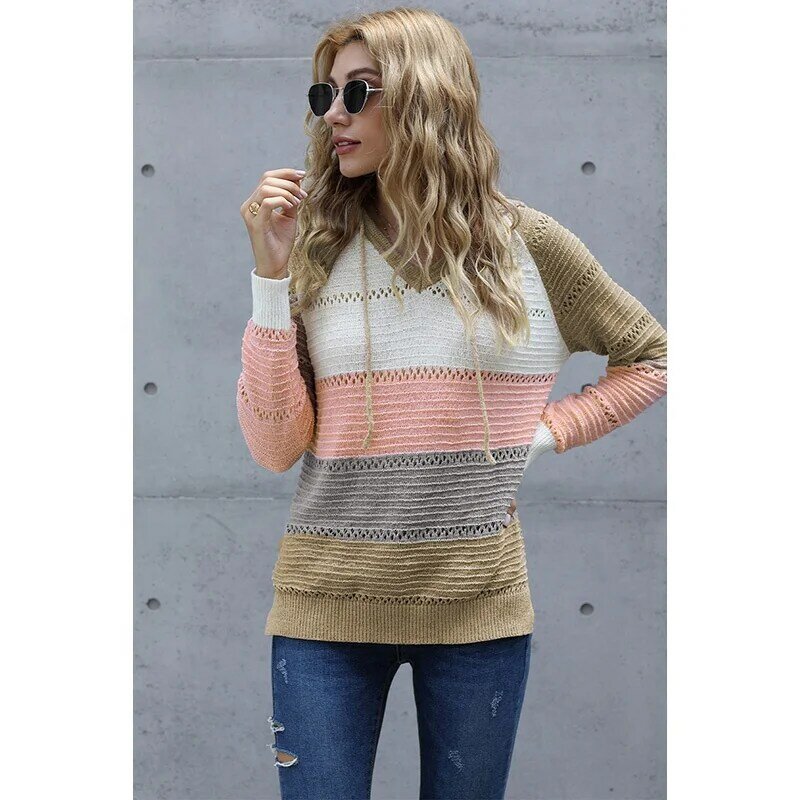 2021 nowy europejski i amerykański moda sweter kobiet Hollow kontrast kolor z długim rękawem dzianina w paski luźny sweter oversize