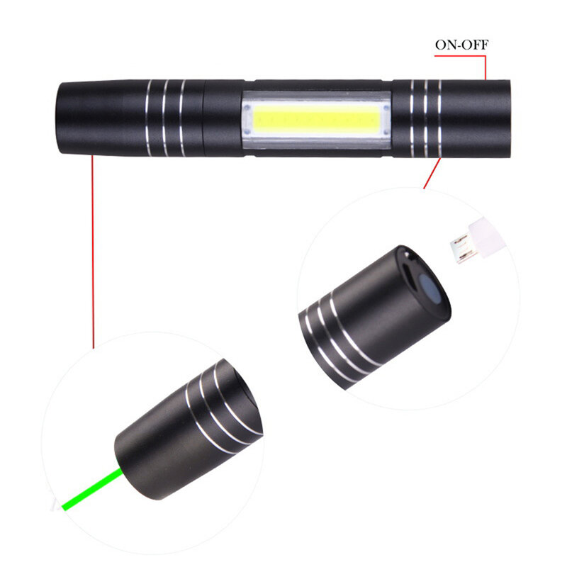 High-power grün laser pointer USB aufladbare 2 in 1 red dot laser COB seite licht taschenlampe 532nm 650nm mini laser pointer