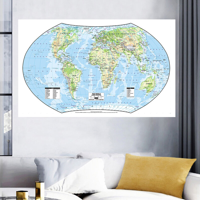 Póster grande del mapa del mundo, lienzo no tejido, suministros de Cultura y Educación, decoración del hogar para sala de estar, 225x150 cm