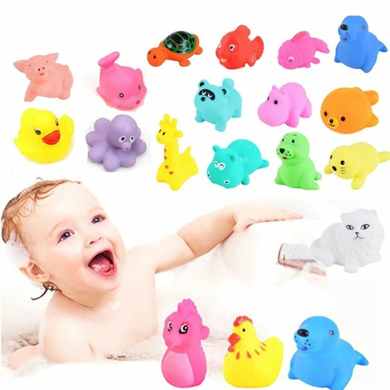 13 Buah Mainan Baby Shower Hewan Lucu Mainan Air Renang Suara Remas Pengapung Karet Lembut Warna-warni untuk Bayi dengan Tas Jaring
