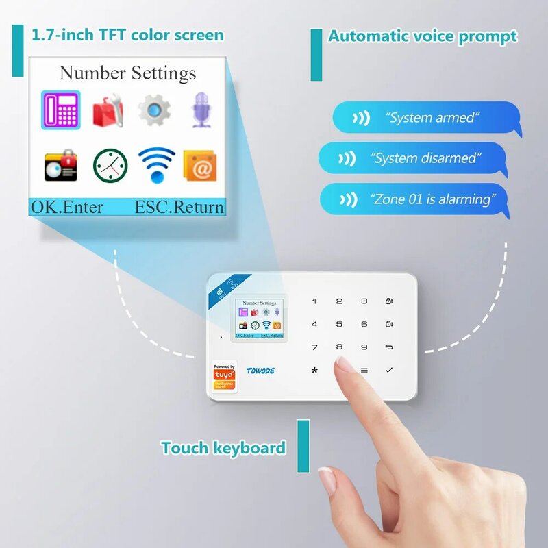 Towode-sistema de alarme doméstico wi-fi, gsm, inteligente, app tuya, 6 idiomas, painel de alarme comutável, sem fio, mini sensor de tamanho, detecção de movimento