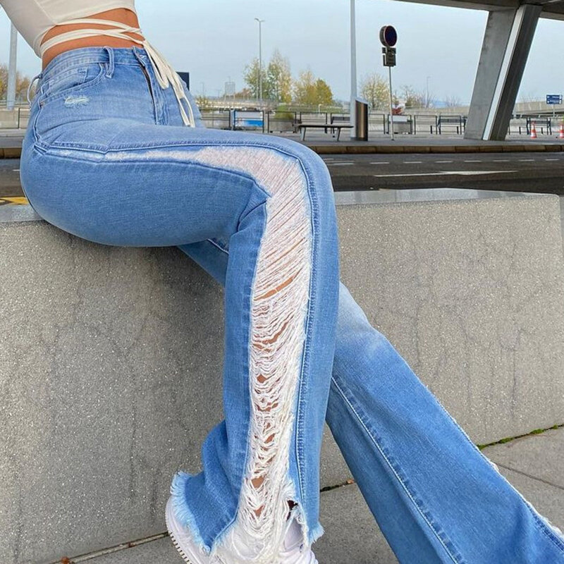 Vrouwen Getrokken Hollow Denim Hoge Taille Broek Flared Jeans Voor Lente Herfst Nyz Winkel