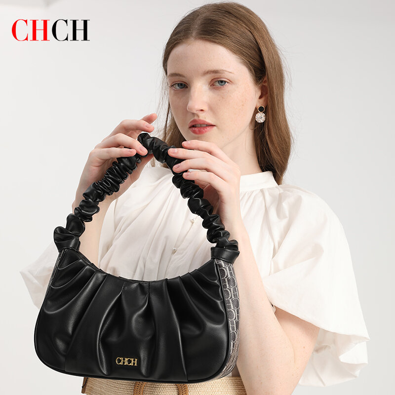CHCH Fashion Pleated Handle Bags Women Solid Color Cloud PU Leather Letter Shoulder Bags Armpit Bag Leisure Small Tote