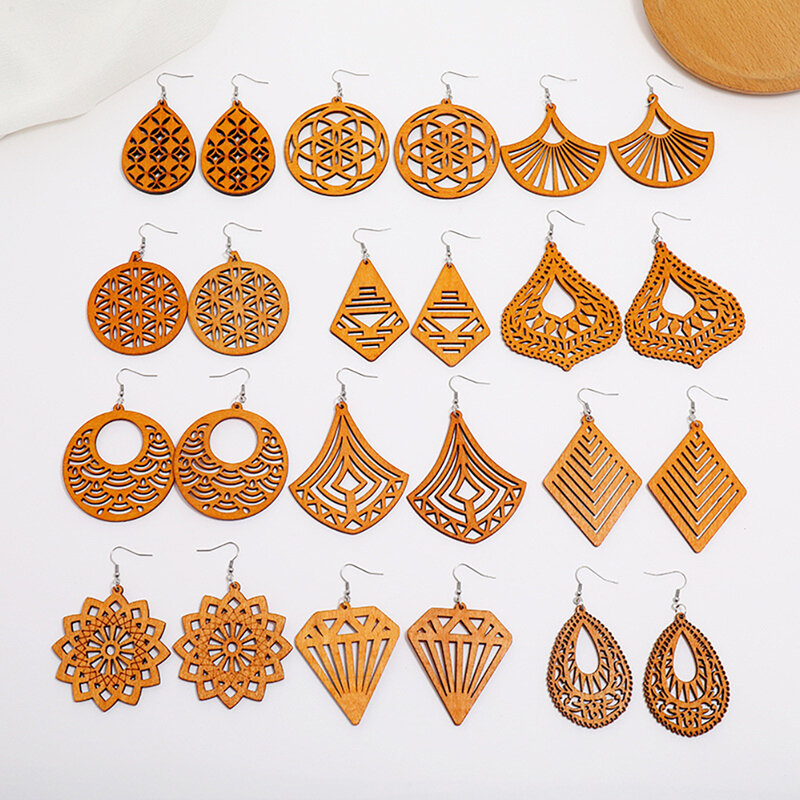 Cring Coco Women's Vintage Elegant Wood Dangle Earrings Women Fashion Bohemian Geometric Splicing Hollow Drop Earring Jewelry