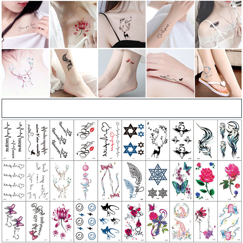 Autocollants de tatouage temporaire sans répétition, 30 pièces/ensemble, tatouages imperméables pour femmes, clavicule de bras Sexy, Art corporel, main et pied pour filles et hommes