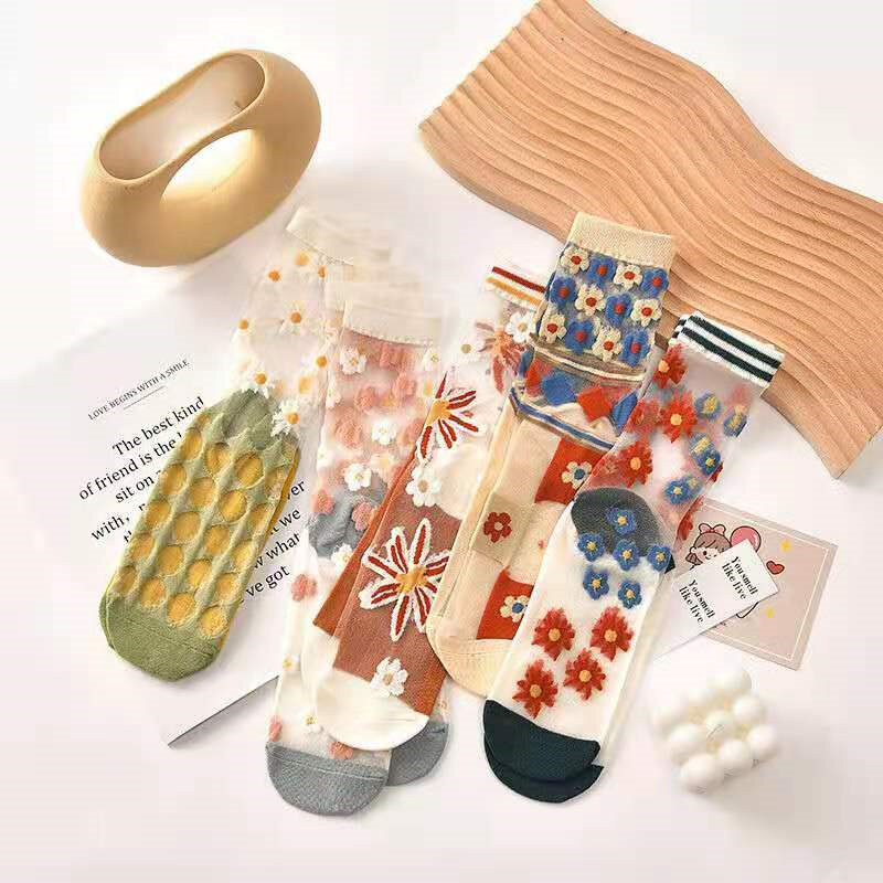 Vrouw Leuke Onregelmatige Sockssuper Hot Dames Mode Zijden Sokken Voor Zomer Nieuwe Ultra-Dunne Print Bloemen Transparante Stapel sokken