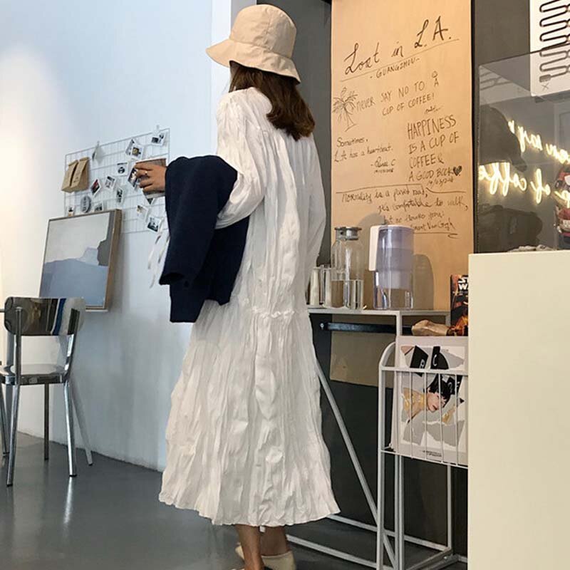 2021 Summer New Korean Vacation Loose Dresses Women Solid Color Daily Pleated O-Neck Sweet College Elegant Stylish Mujer Ulzzang
