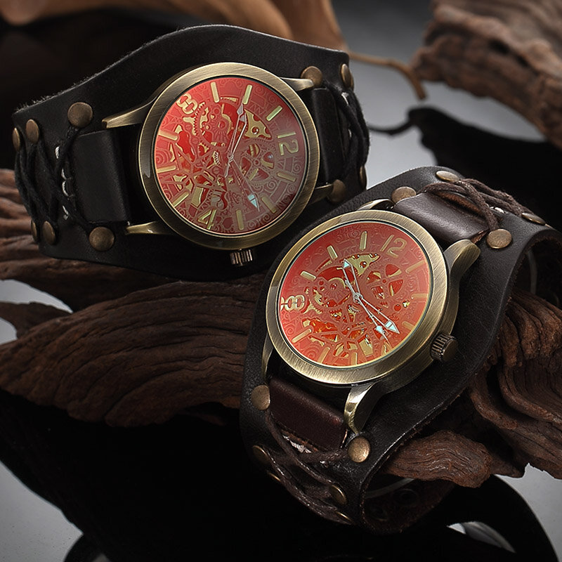 Retro Fashion Brede Lederen Band Horloge voor Mannen Luxe Automatische Uurwerk relogio masculino Vintage Klok Waterdicht Uur