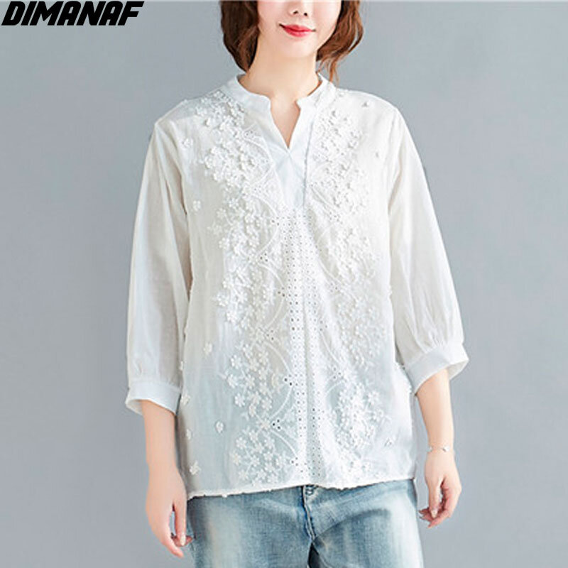 DIMANAF-Camiseta de estilo de encaje para mujer, blusa ahuecada con cuello en V, playera Sexy Vintage para mujer, Tops de flores 2021
