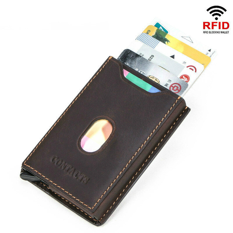 ZOVYVOL-tarjetero de cuero genuino para hombre y mujer, billetera de aluminio con bloqueo RFID, Pop-up, Vintage