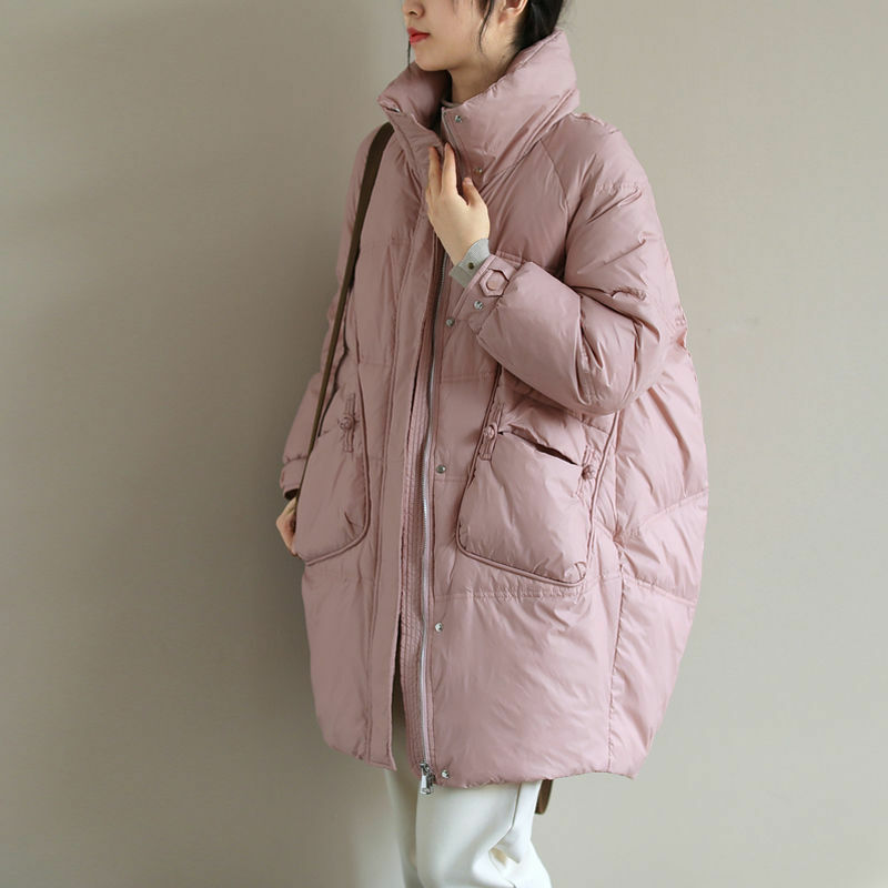 여성 2021 겨울 패션 화이트 오리 자켓 따뜻한 코트 느슨한 Outwear 여성 긴 소매 숙녀 스탠드 칼라 솔리드