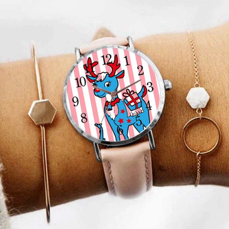 Nieuwe Meisje Roze Gestreepte Fawn Digitale Quartz Horloge Lederen Dames Horloge Christmas Gift