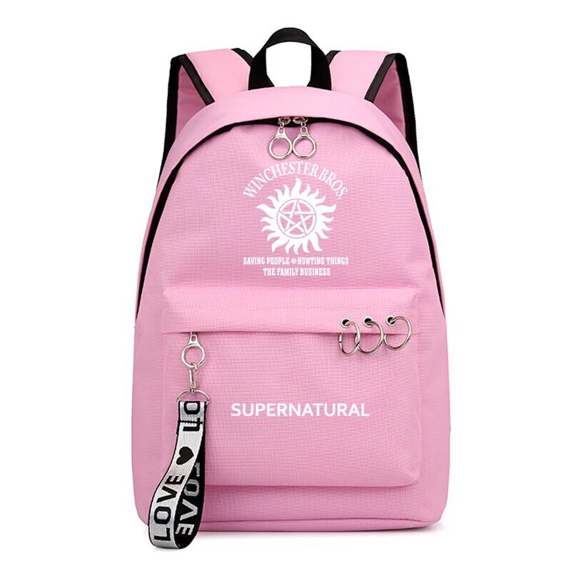 Mochila supernatural feminina, mochila escolar preta rosa para meninas adolescentes