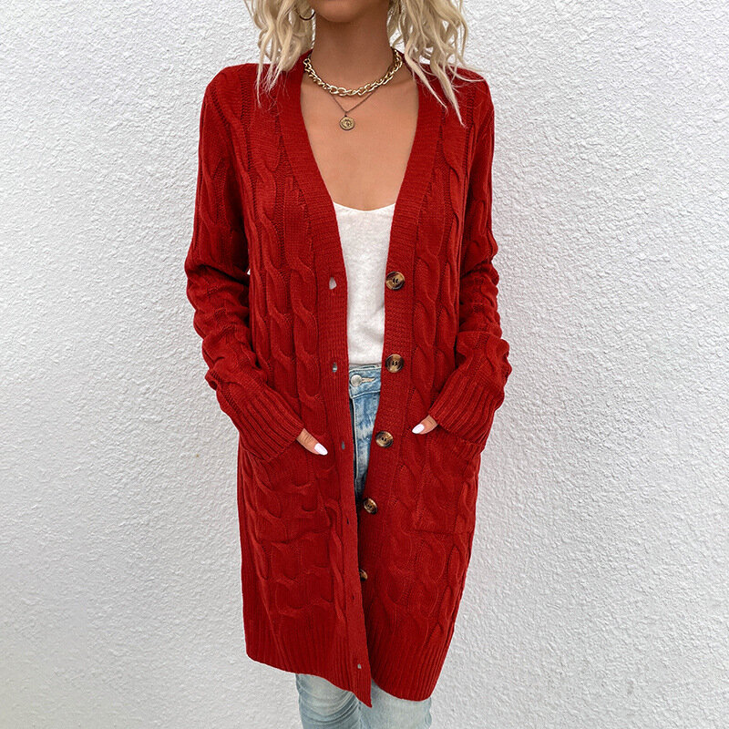 Net Red Tide Brand Sweater Ladies 2021 Autumn And Winter Long Twist Cardigan Pocket V-neck Long-sleeved Thick OL Commuter Jacket