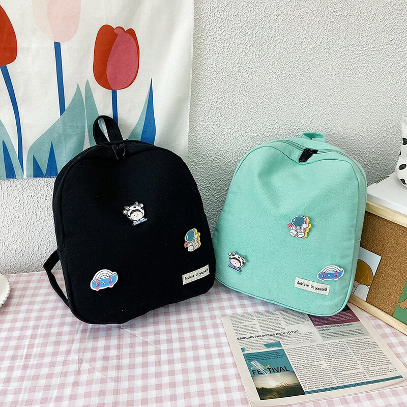 Kawaii Women's Backpack Canvas Candy Color School backpack Bag Preppy Style for Girls Knapsack Rucksacks Handbags Cartoon Badges