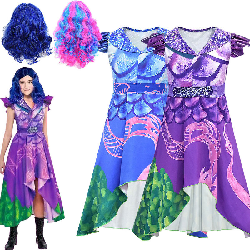 Costume de Mal Cosplay pour filles, 3 robes violettes pour enfants, Costume d'halloween imprimé, Costumes de fête de carnaval pour filles