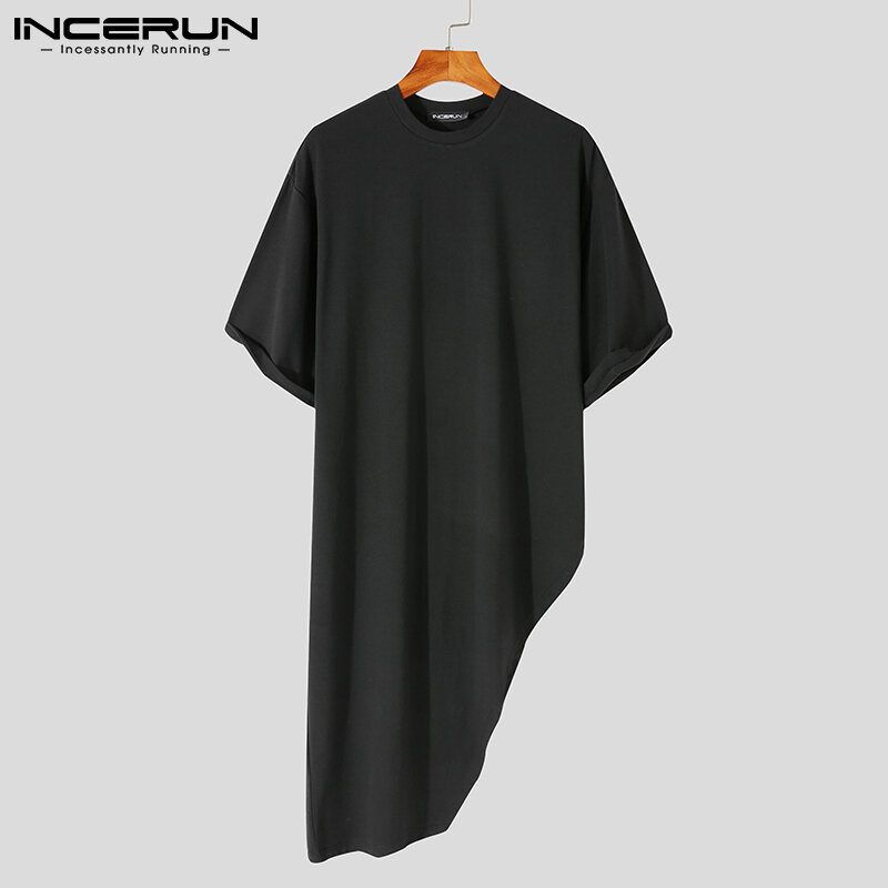 INCERUN 2021 뜨거운 판매 티셔츠 남성 솔리드 편안한 한국 스타일 캐주얼 일곱 분 소매 사이드 슬릿 중간 길이 블라우스 S-5XL