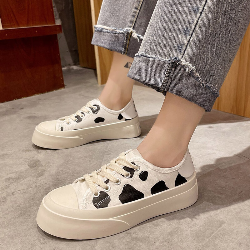 Women Sneakers Cow Print Low High Lace Up Flat Heel Girl Canvas Shoes Animal Character Students White Shoes Fashion 2021 autumn