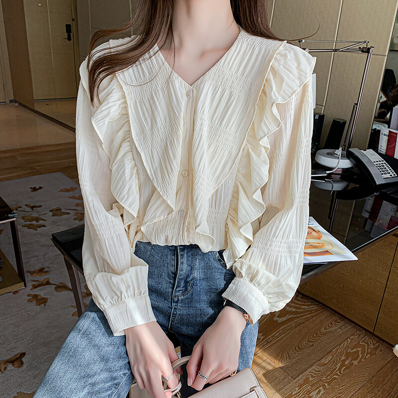 Blusa holgada de Chifón con manga larga para Primavera, camisa con cuello en V para mujer, con volantes, 603F