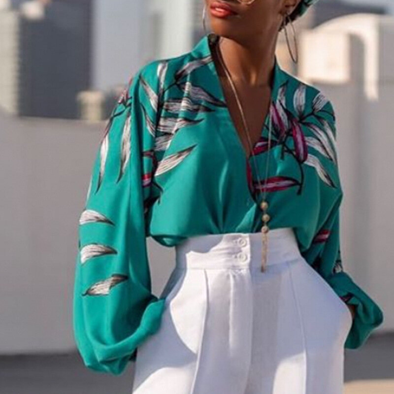 Camicetta da donna stampata verde scollo a V top camicia maniche lunghe lanterna elegante Femme estate moda donna donna Bluas Plus Size XXL