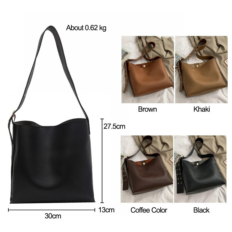 2 в 1 композитные однотонные кожаные сумки на плечо для женщин 2021, сумки на широком ремешке, женская сумка-мешок, Наплечная Сумка