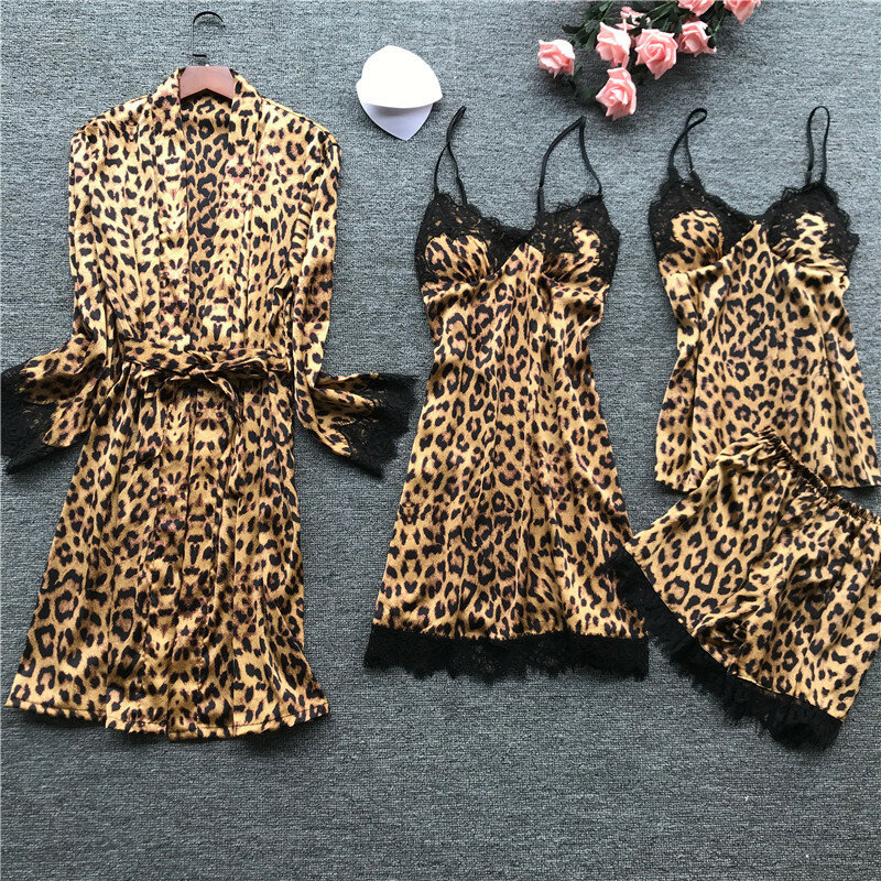 Lisacmvpnel conjunto de pijama feminino manga longa moda de gelo seda estampa de leopardo