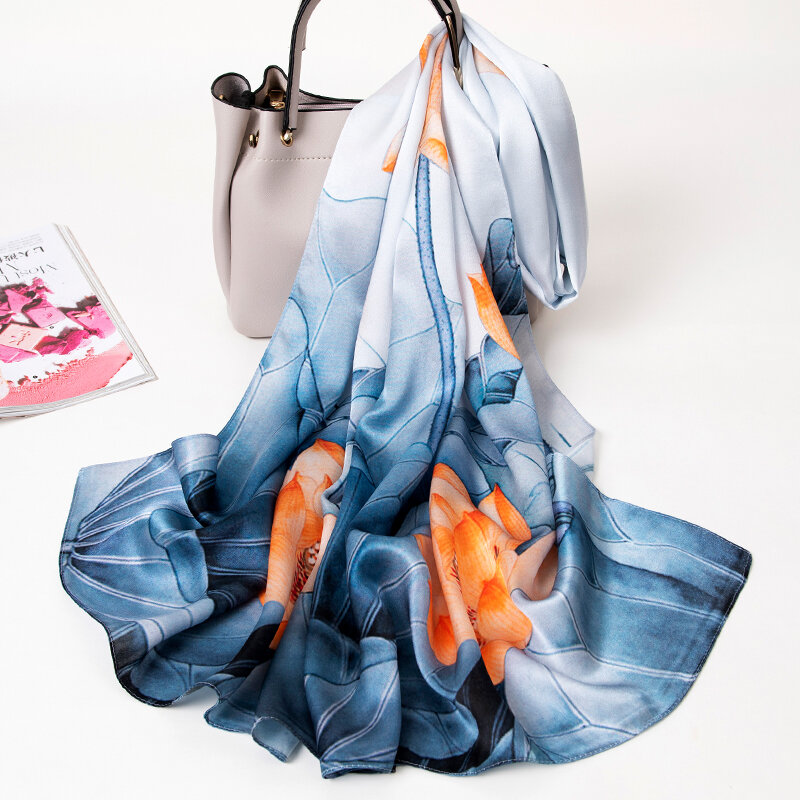 Women Natural Silk Scarf Print Luxury Headscarf Satin Shawls Wraps Floral Neckscarf Hangzhou Pure Real Silk Hair Scarf 170X53CM