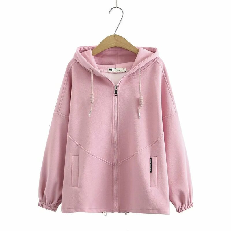 Plus size hoodies com zíper feminino solto grosso algodão jaquetas 2021 nova primavera outono causal senhoras rosa preto marfim casaco feminino topos